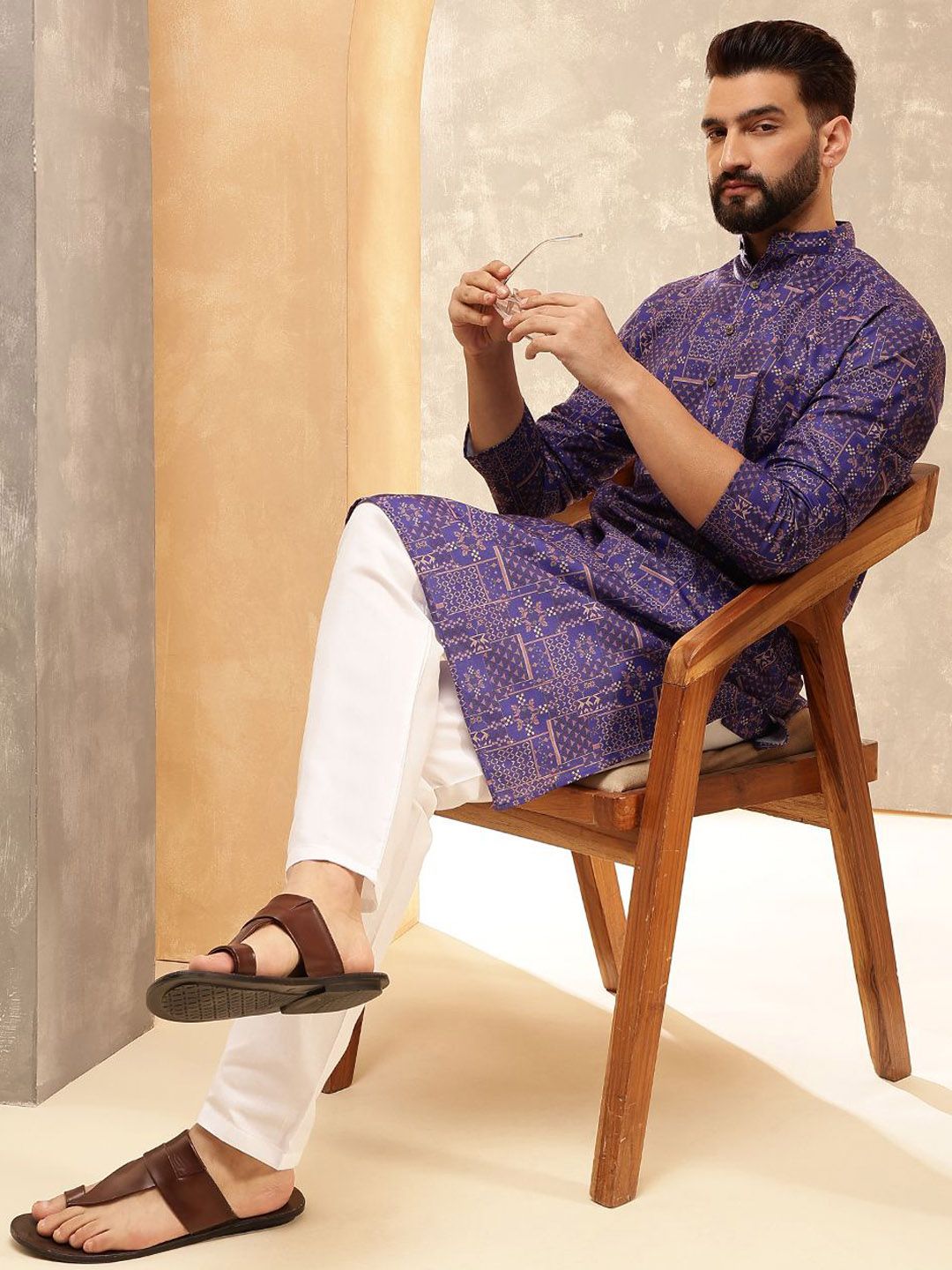SOJANYA Motif Etnik Printed Band Collar Cotton Linen Kurta Lurus
