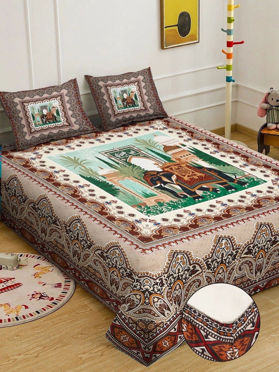 KLOTTHE Multicoloured Ethnic Motifs 400 TC King Bedsheet with 2 Pillow Covers