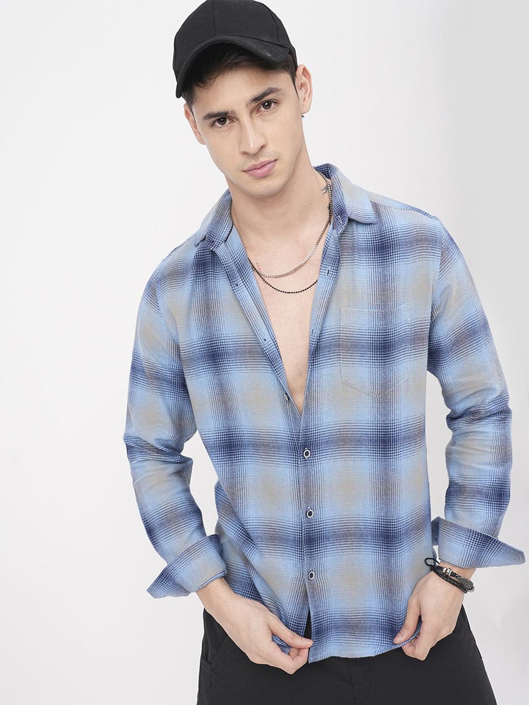 VASTRADO Men Classic Fit Spread Collar Checked Cotton Casual Shirt