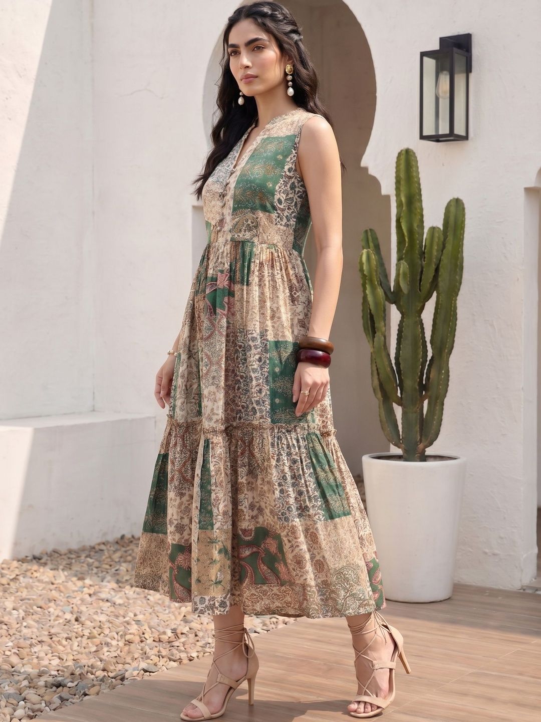 Pakaian Midi A-Line Cetakan Mamicha Bohemian Crepe