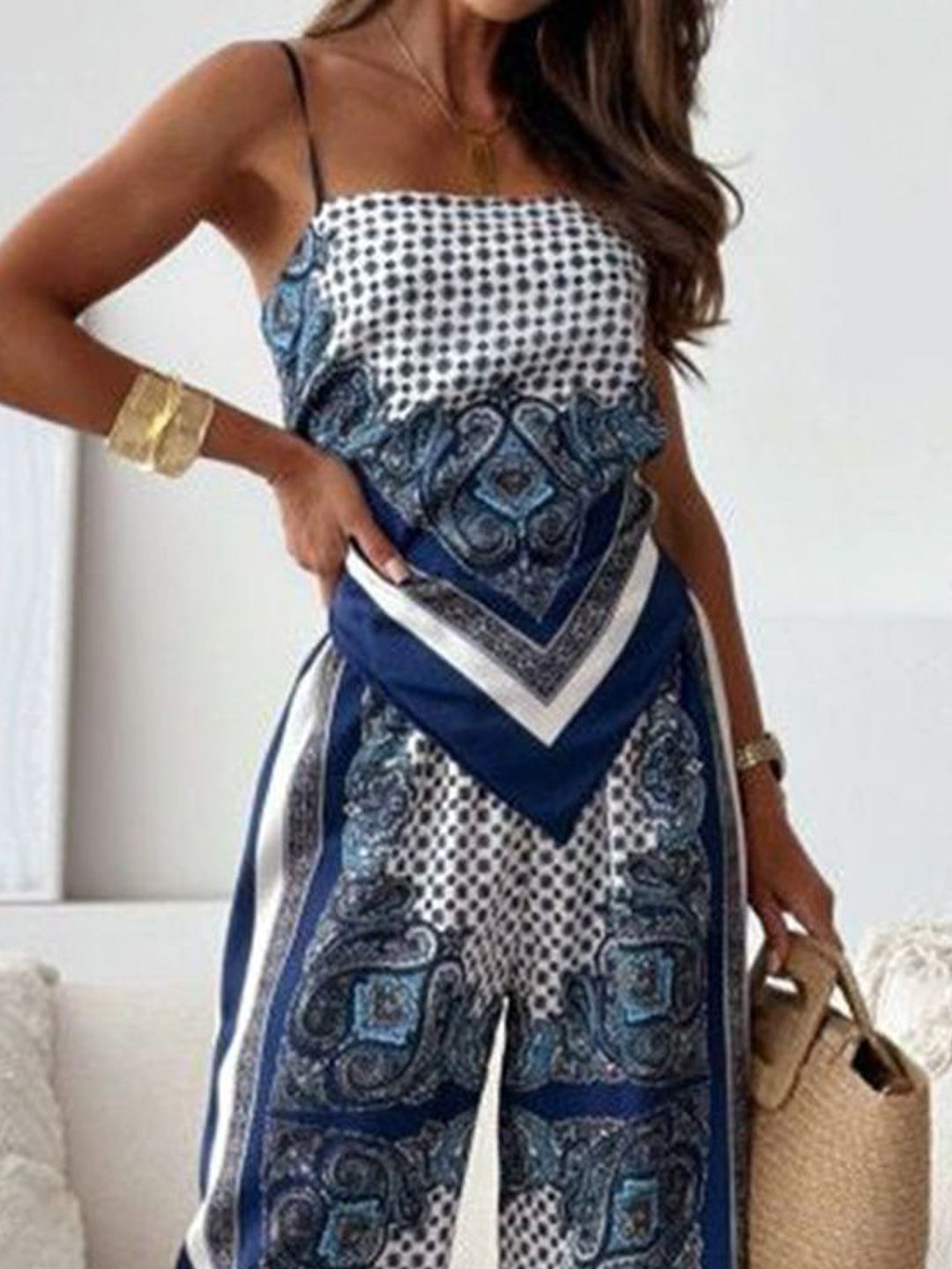 all about you Printed Shoulder Strap Top With Trousers Co-Ords