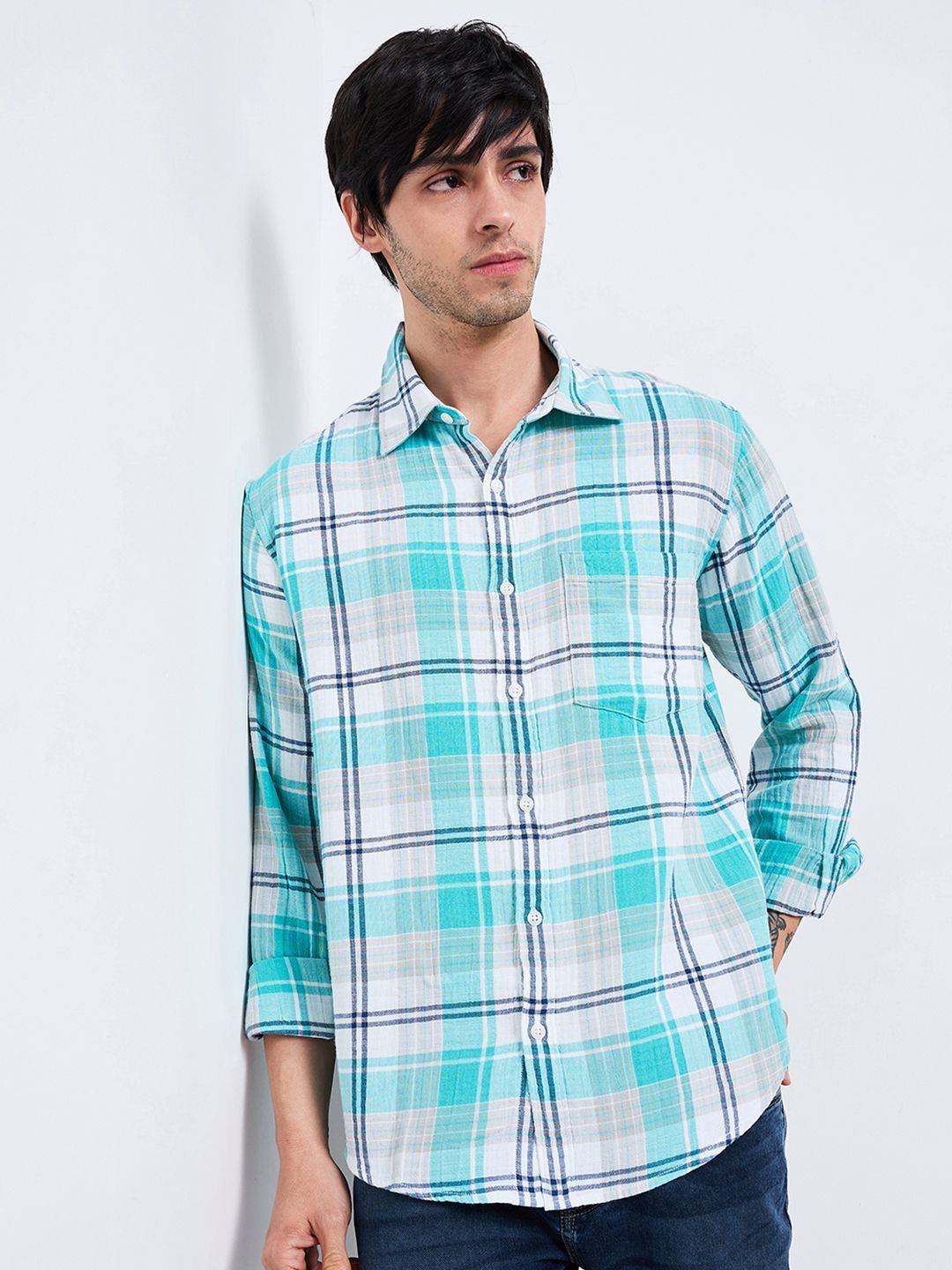 SPYKAR Men Spread Collar Tartan Checked Cotton Casual Shirt