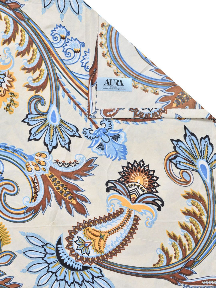 Aura Cream Colored & Blue Printed Set Cadar King 300 TC 2.5 m x 2.25 m