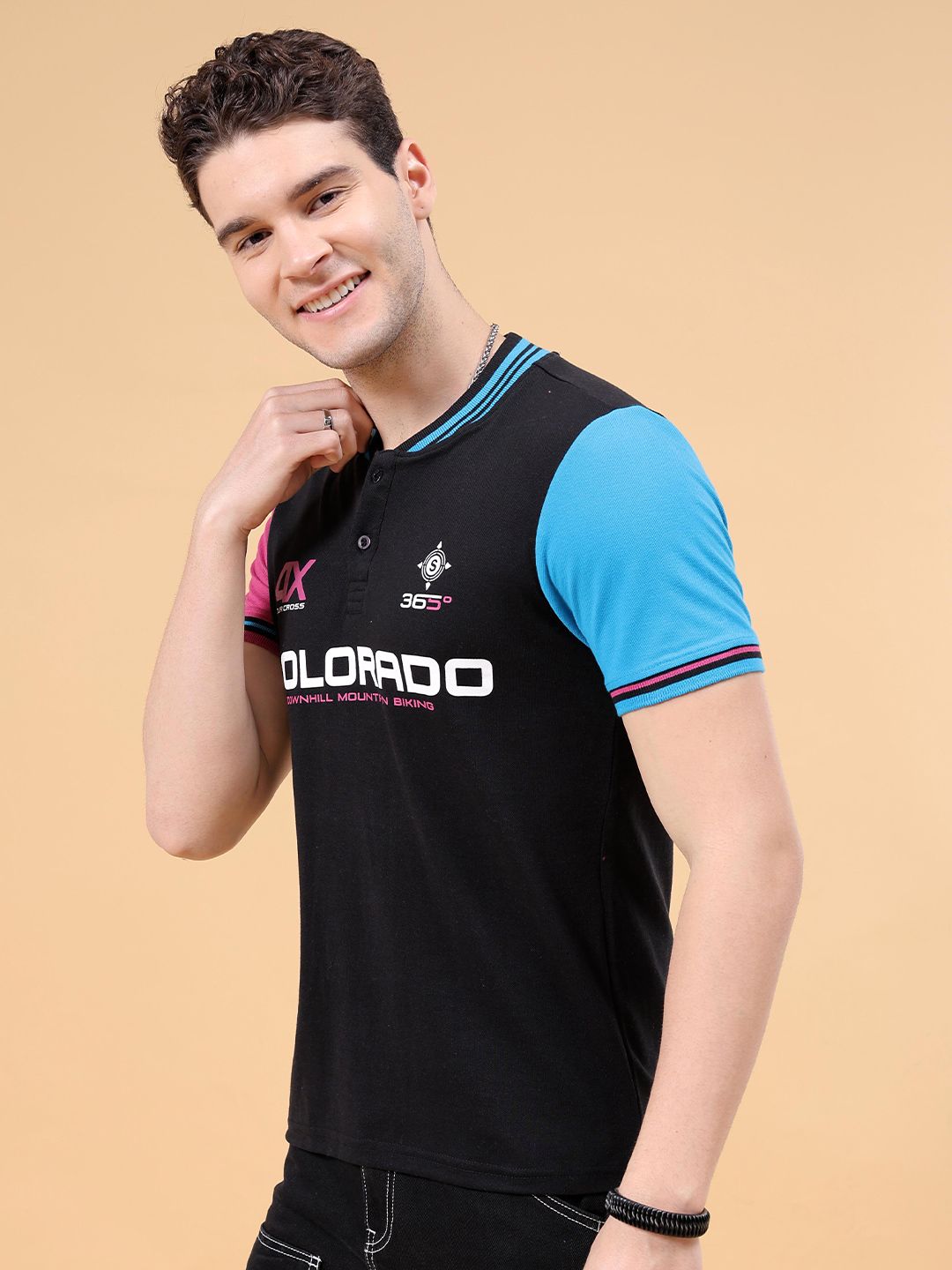 The Indian Garage Co Typography Henley Neck Applique Cotton T-shirt