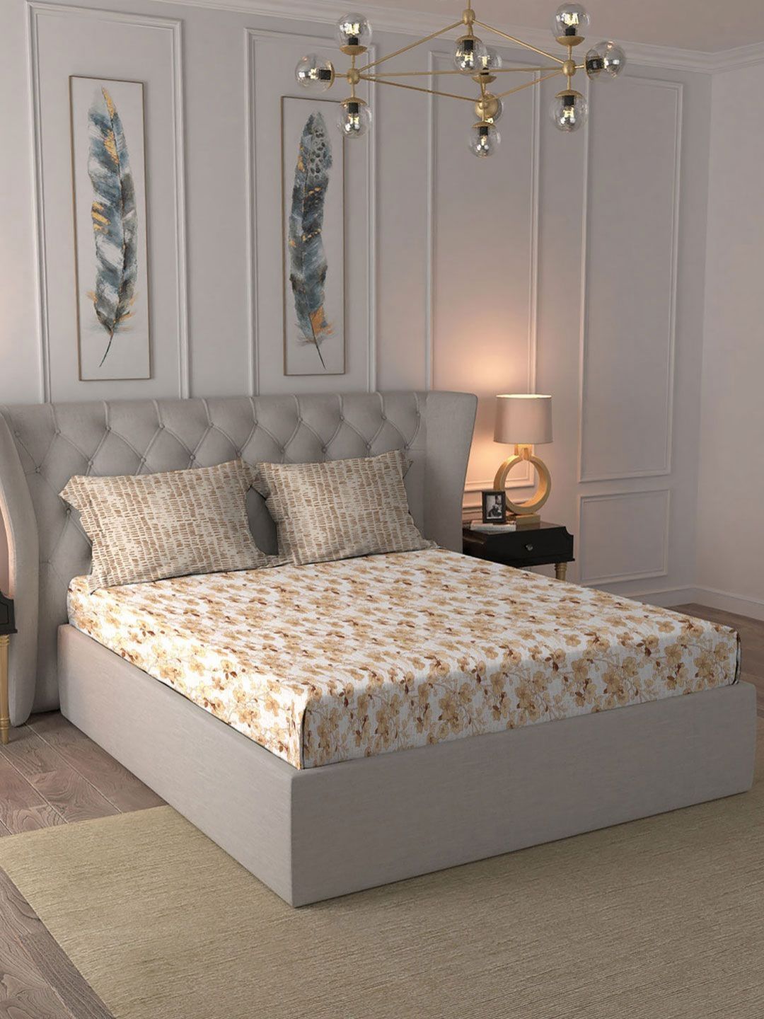 MYTRIDENT Celebration Off White Printed Pure Cotton 144 TC Queen Bedsheet Set 2.28 m x 2.54 m