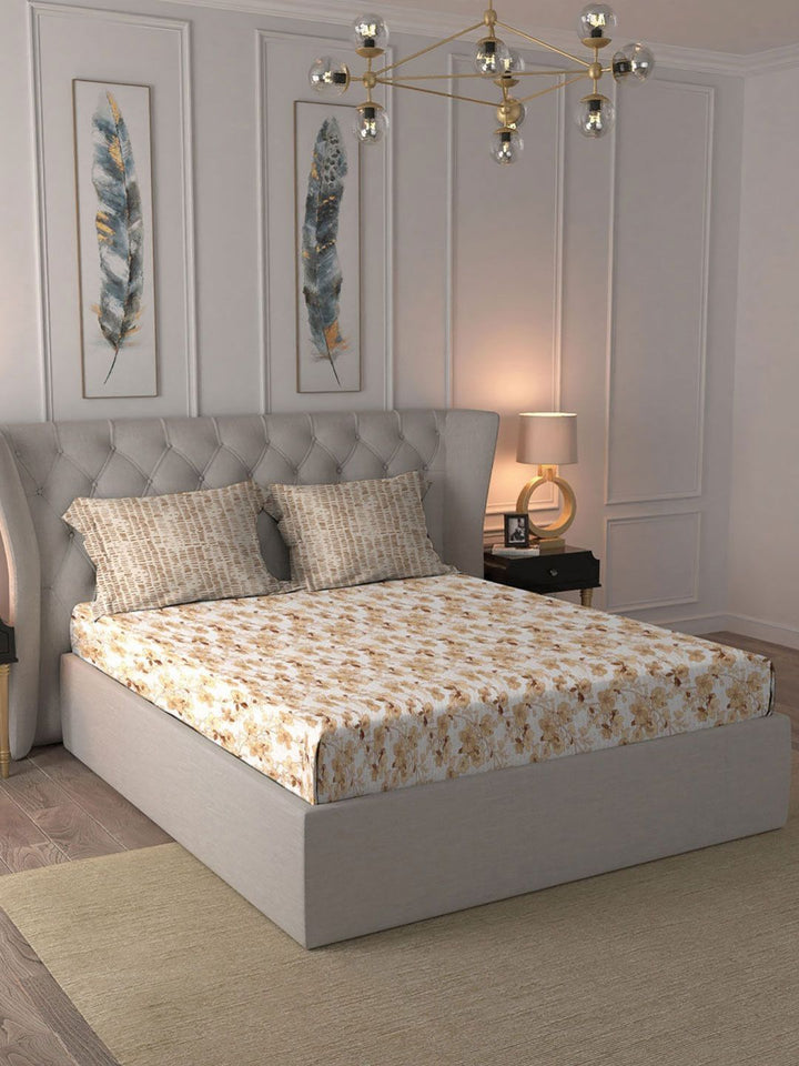 MYTRIDENT Celebration Off White Printed Pure Cotton 144 TC Queen Bedsheet Set 2.28 m x 2.54 m