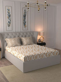 MYTRIDENT Celebration Off White Printed Pure Cotton 144 TC Queen Bedsheet Set 2.28 m x 2.54 m