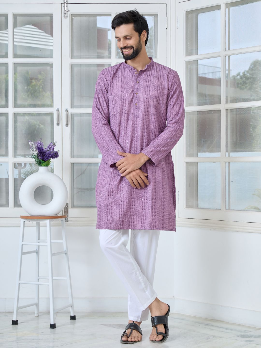 See Designs Floral Embroidered Mandarin Collar Thread Work Straight Kurta