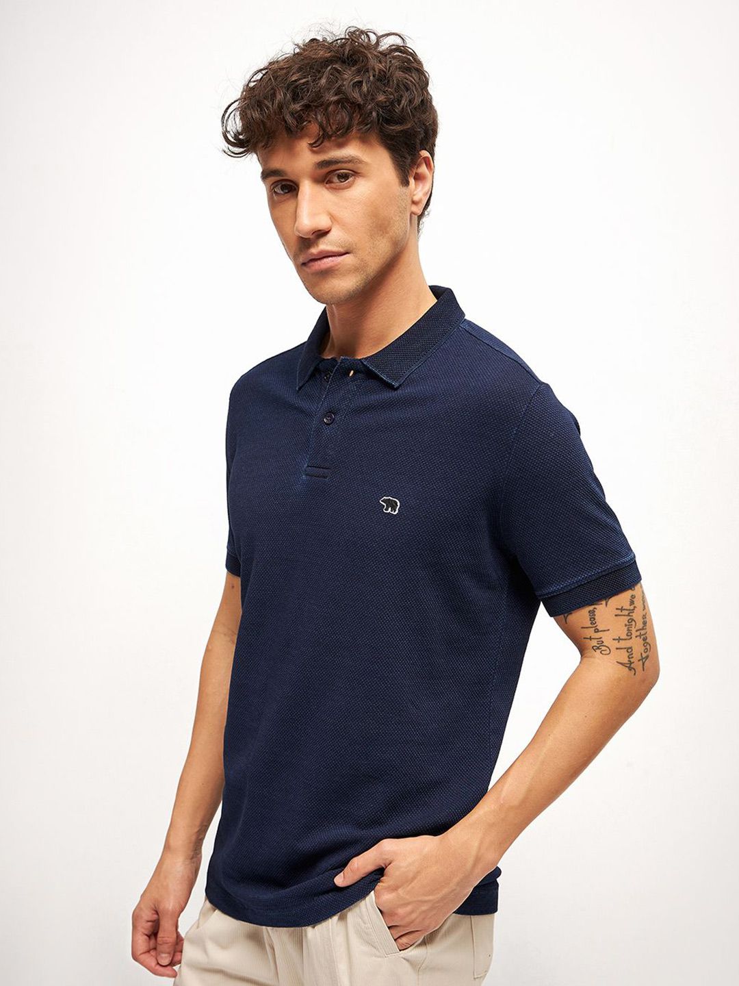 THE BEAR HOUSE Pure Cotton  Self Design Polo Collar T-shirt