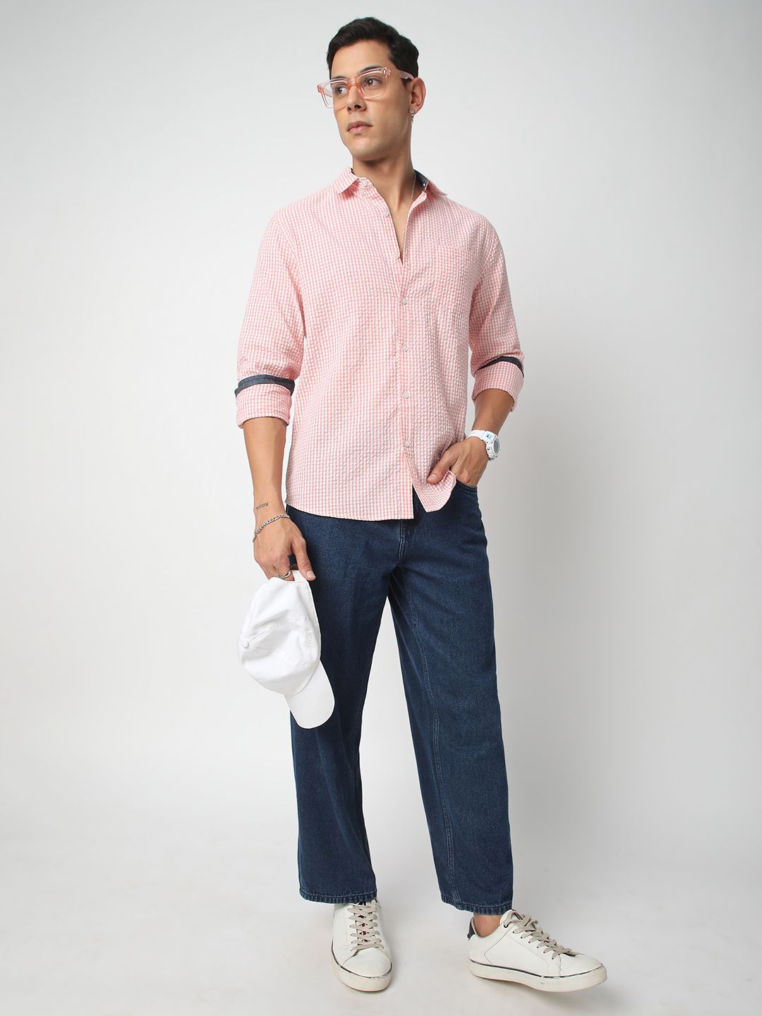 VASTRADO Men Classic Spread Collar Gingham Checked Cotton Slim Fit Casual Shirt