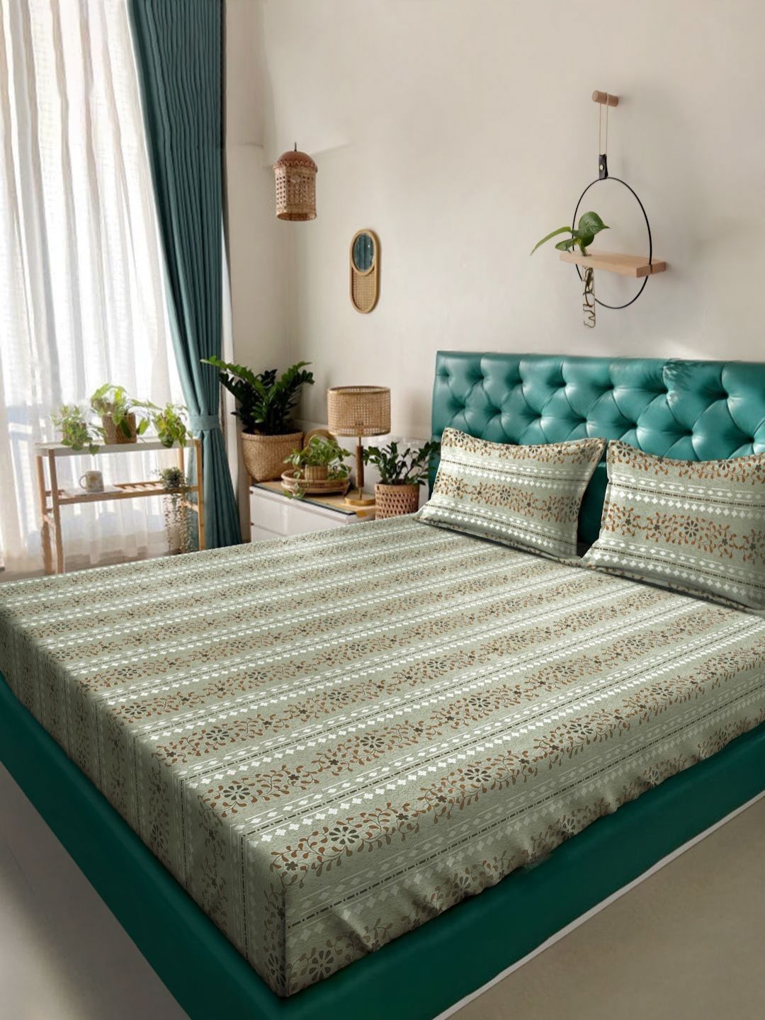 Myntra Elegant Homes Green Floral Pure Cotton 400 TC King Bedsheet Set 2.5m x 2.25m