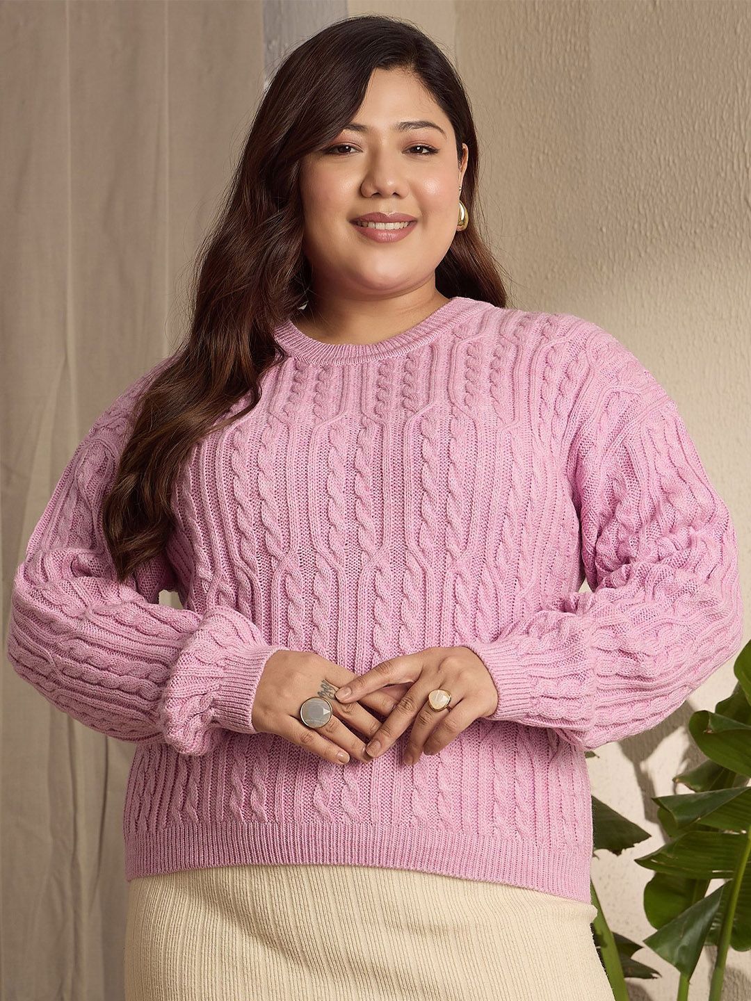 Berrylush Curve Women Cable Knit Long Sleeves Pullover