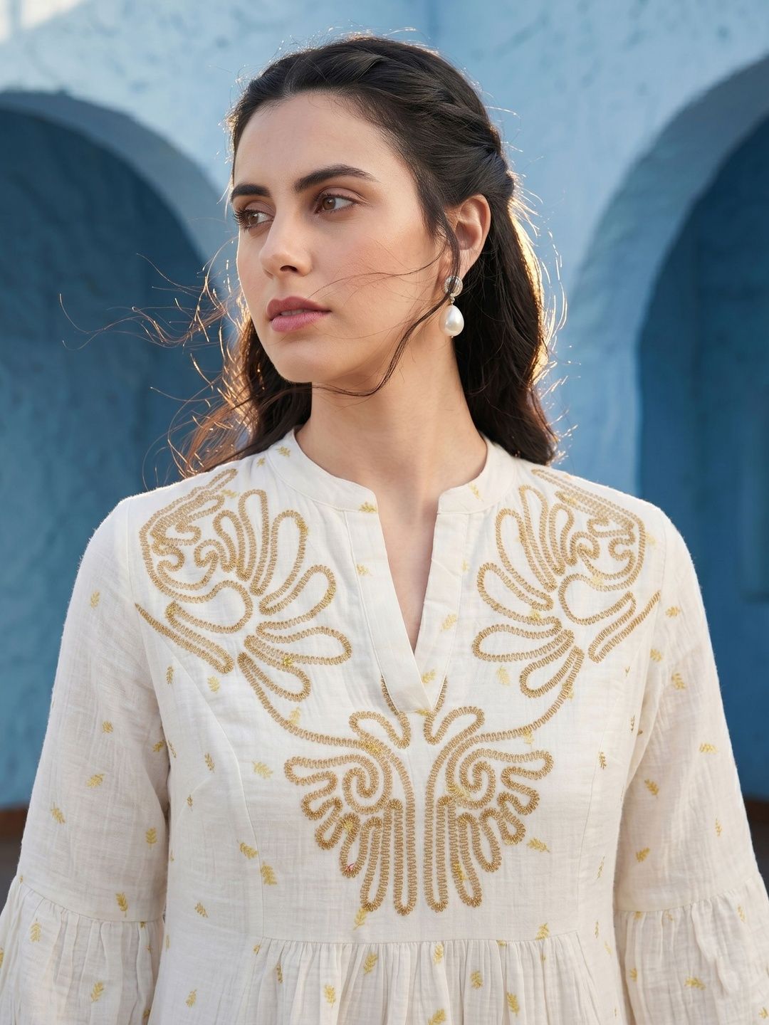 Mamicha Embroidered Puff Sleeve A-Line Midi Dress