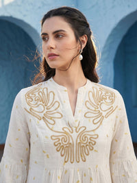Mamicha Embroidered Puff Sleeve A-Line Midi Dress
