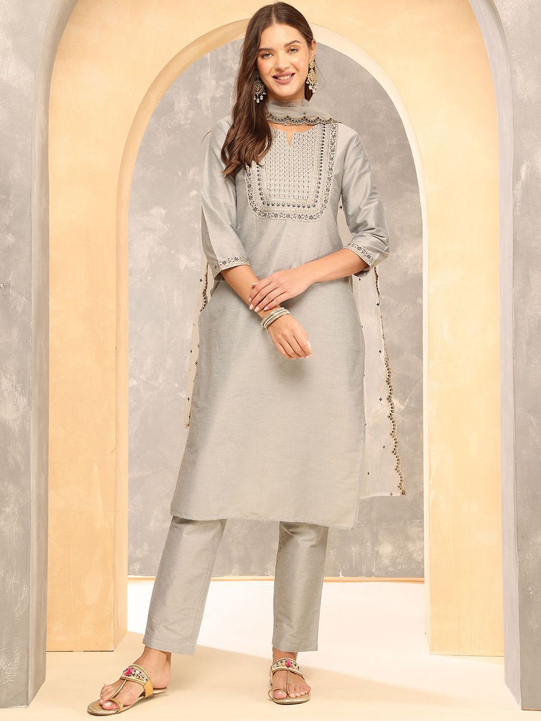 Anouk Grey Floral Embroidered Sequinned Straight Kurta With Trousers & Dupatta