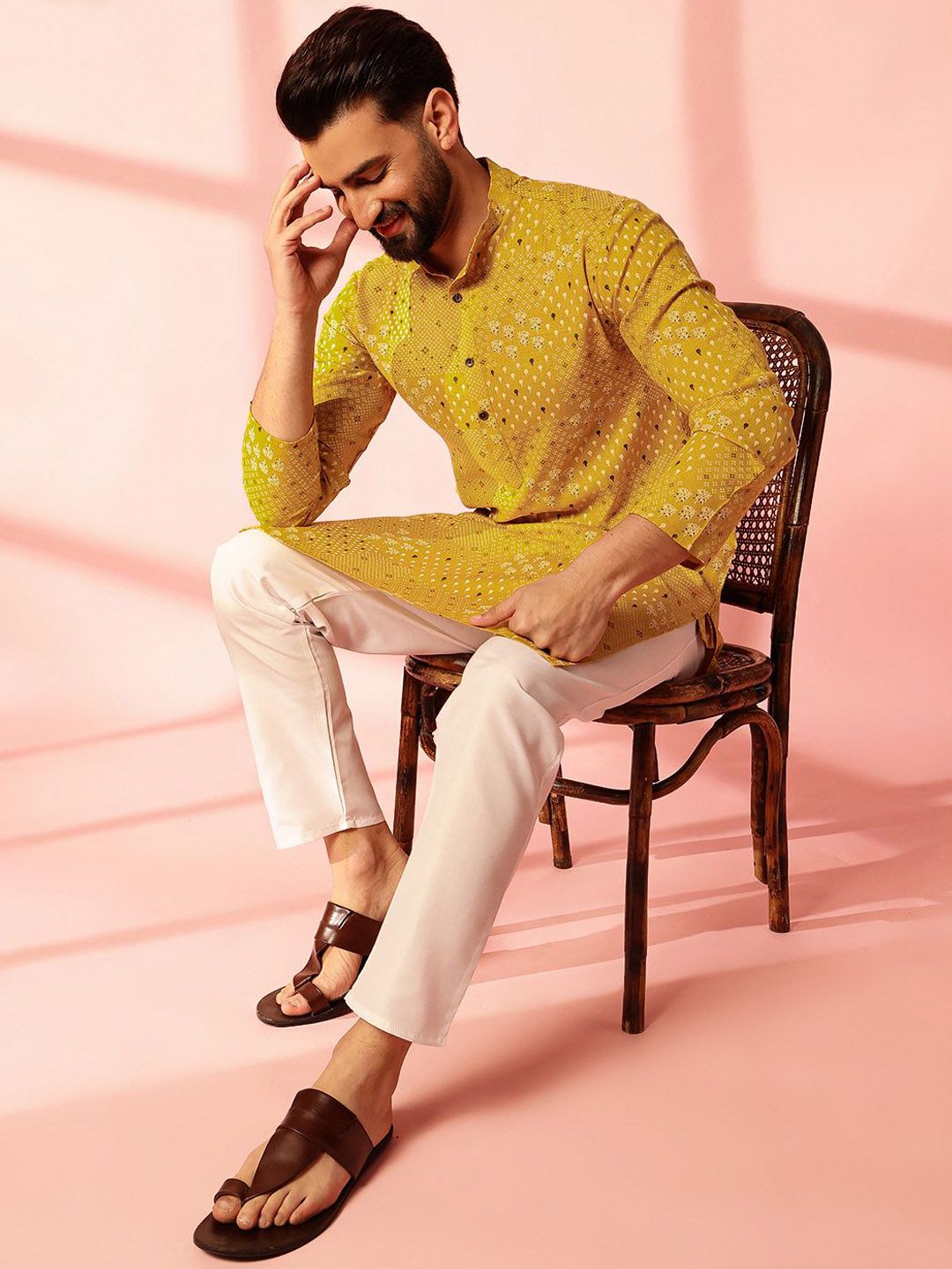 Anouk Floral Printed Band Collar Cotton Linen Straight Kurta