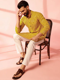Anouk Floral Printed Band Collar Cotton Linen Straight Kurta