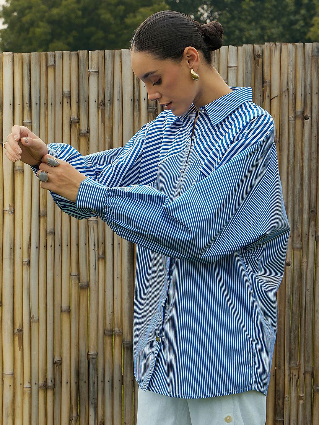 Pink Paprika by SASSAFRAS Women Vertical Striped Cotton Oversized Casual Shirt