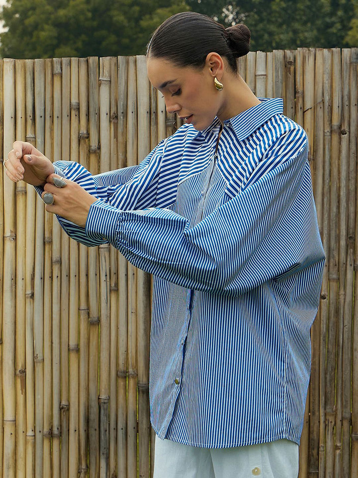 Pink Paprika by SASSAFRAS Women Vertical Striped Cotton Oversized Casual Shirt