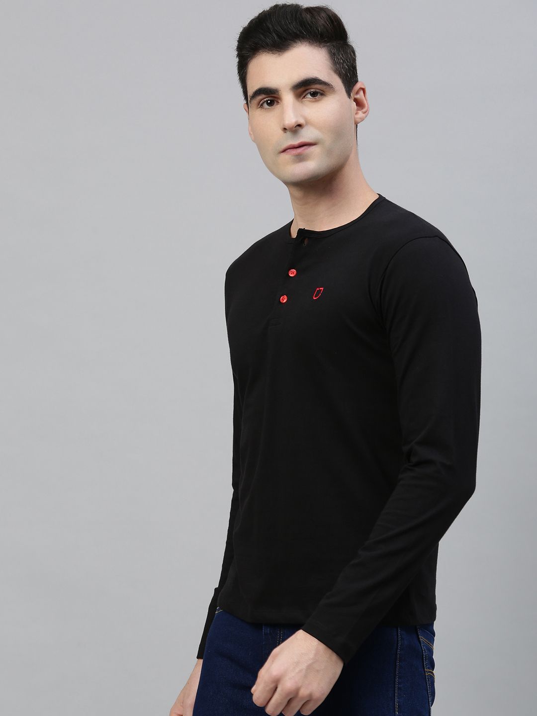 Urbano Fashion Men Black Solid Henley Neck Pure Cotton T-shirt
