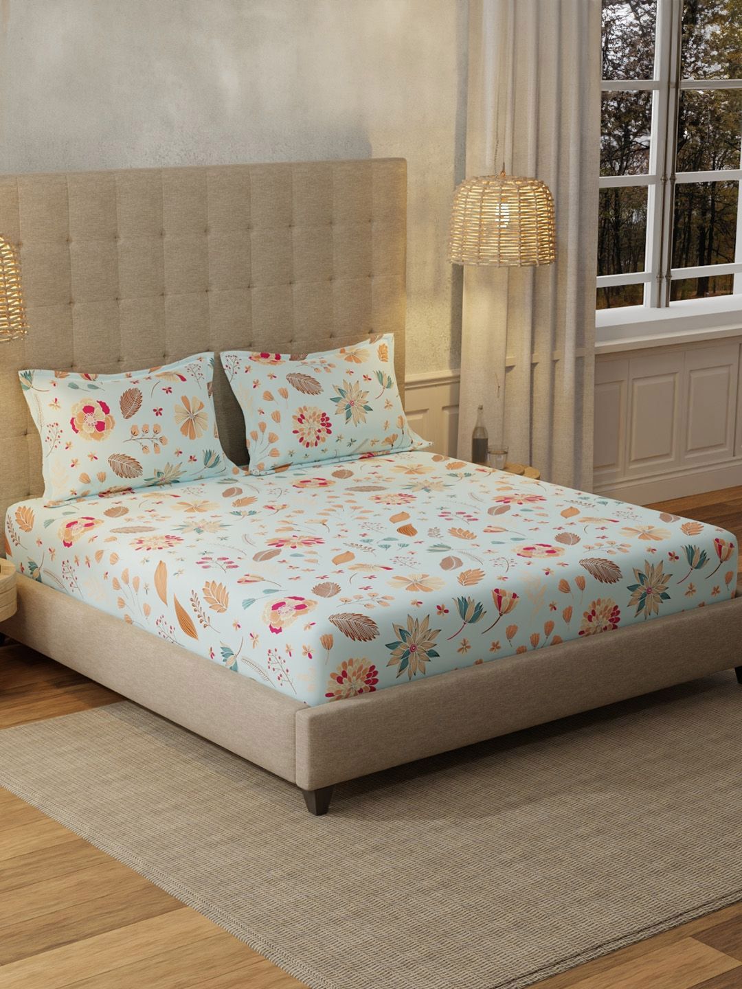 URBAN SPACE Florence Sky Blue 200 TC Floral Queen Bedsheet