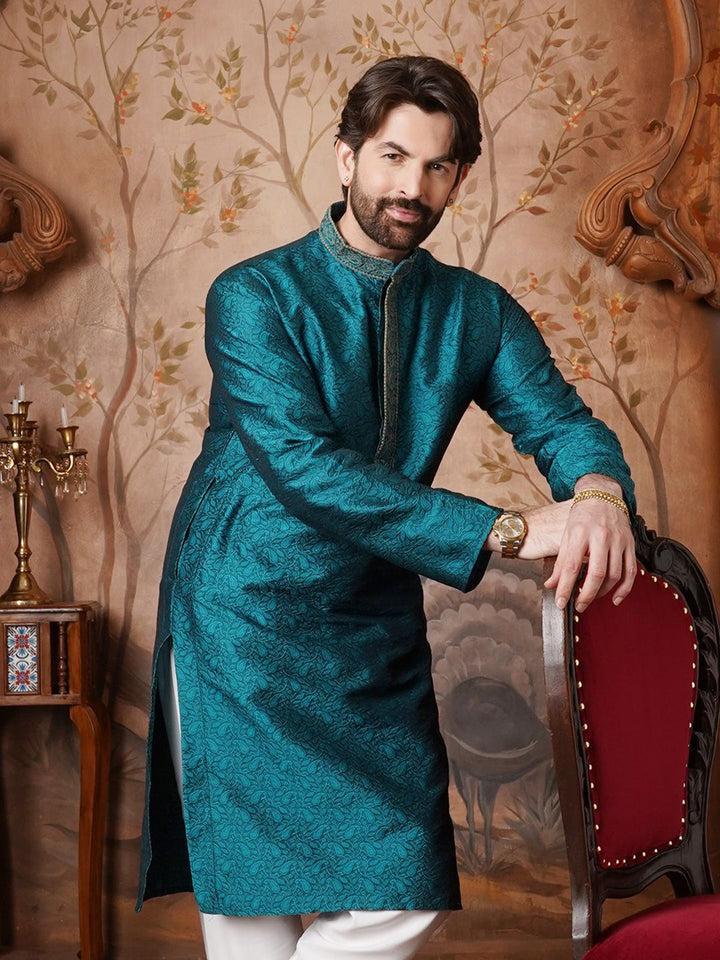 SOJANYA Lelaki Teal Green Sulam Kurta Lurus