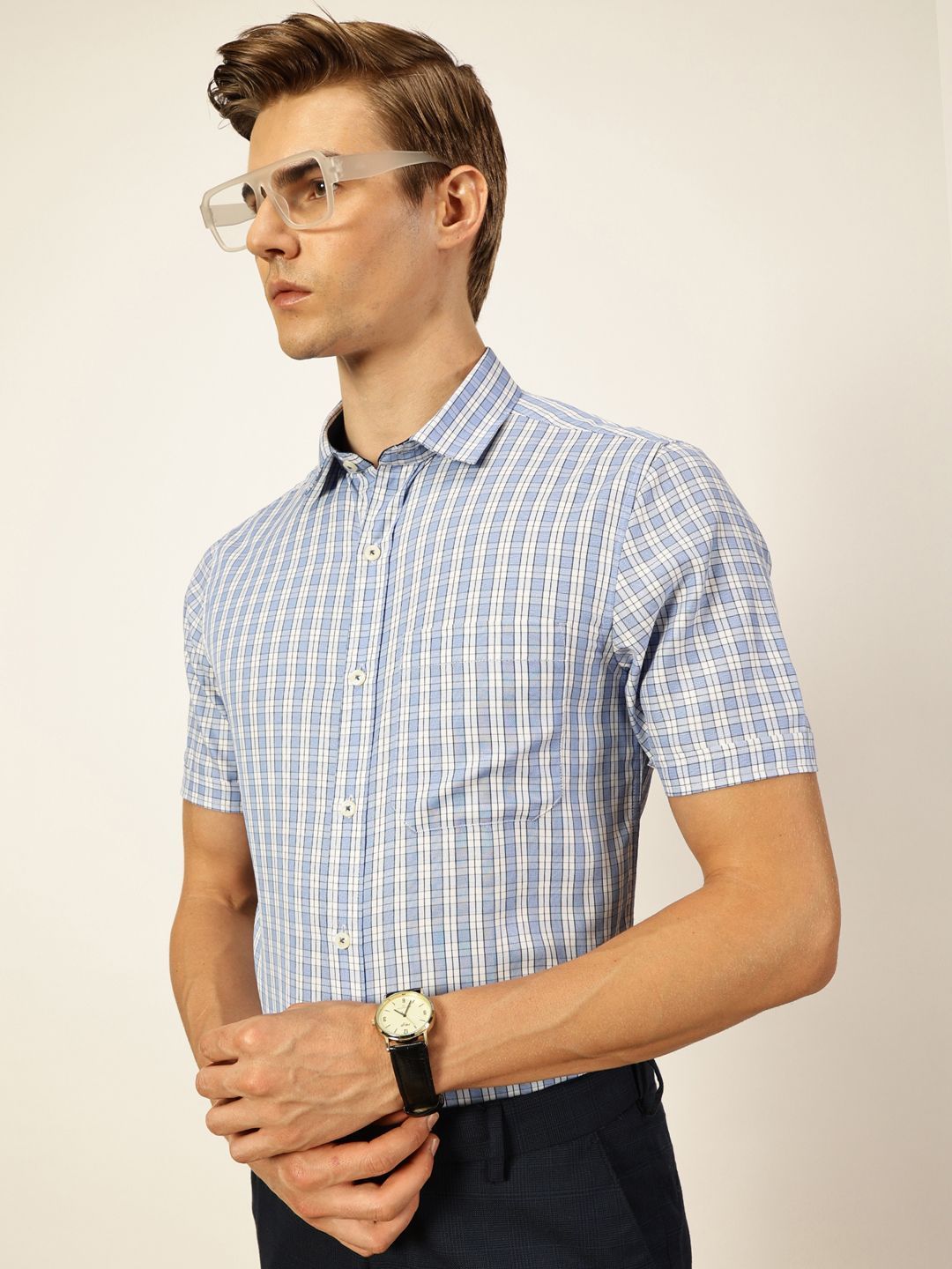 Thomas Scott Men Smart Spread Collar Tartan Checked Cotton Formal Shirt