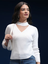 Tokyo Talkies Women Ribbed Choker Neck Pullover