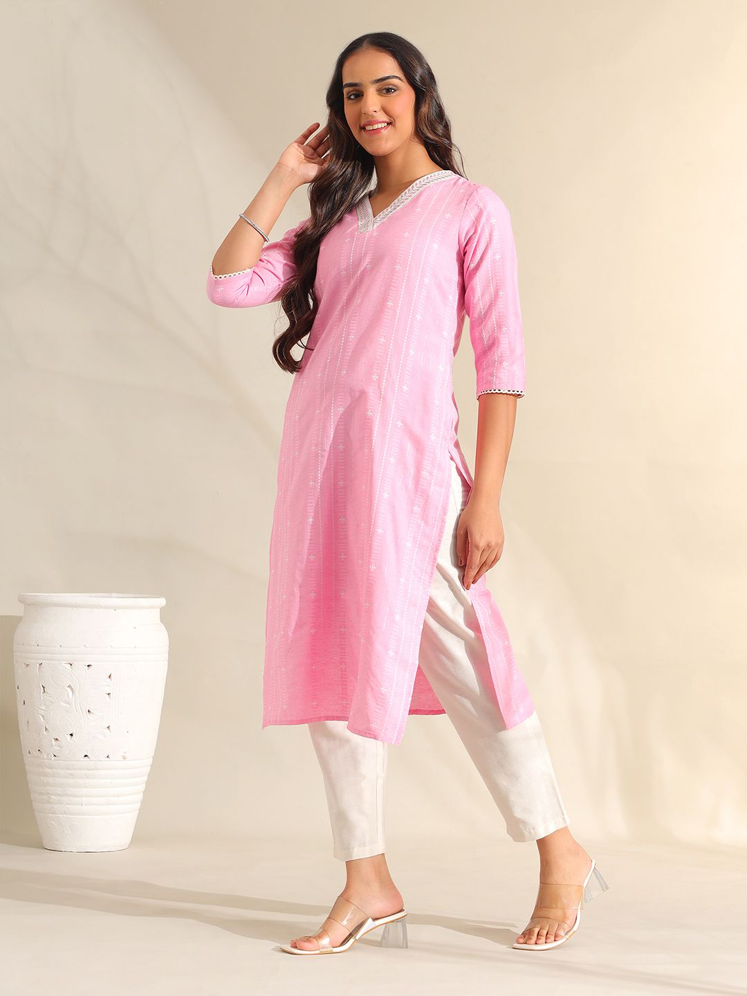Mamicha Women Regular Thread Work Pure Cotton Kurta with Trousers