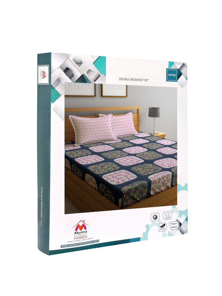 Myntra Elegant Homes Grey & Pink Floral 300 TC King Bedsheet with 2 Pillow Covers