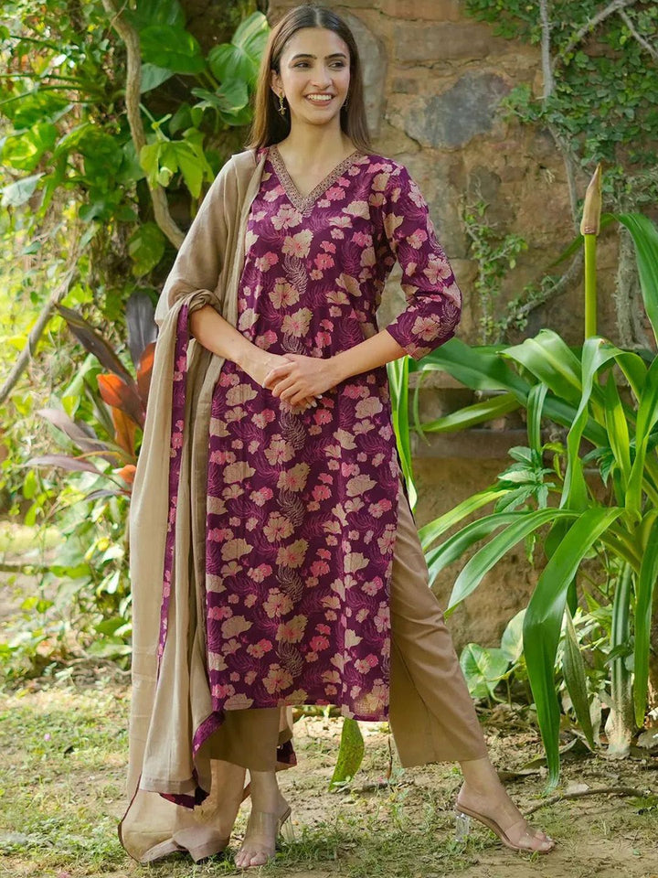 Libas Floral Printed V-Neck Sraight Kurta With Trousers And Dupatta