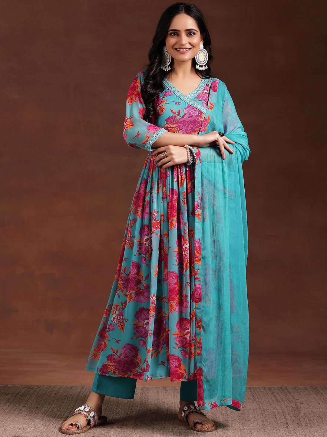 Libas Women Floral Printed Pleated Sequinned Kurta with Trousers & With Dupatta