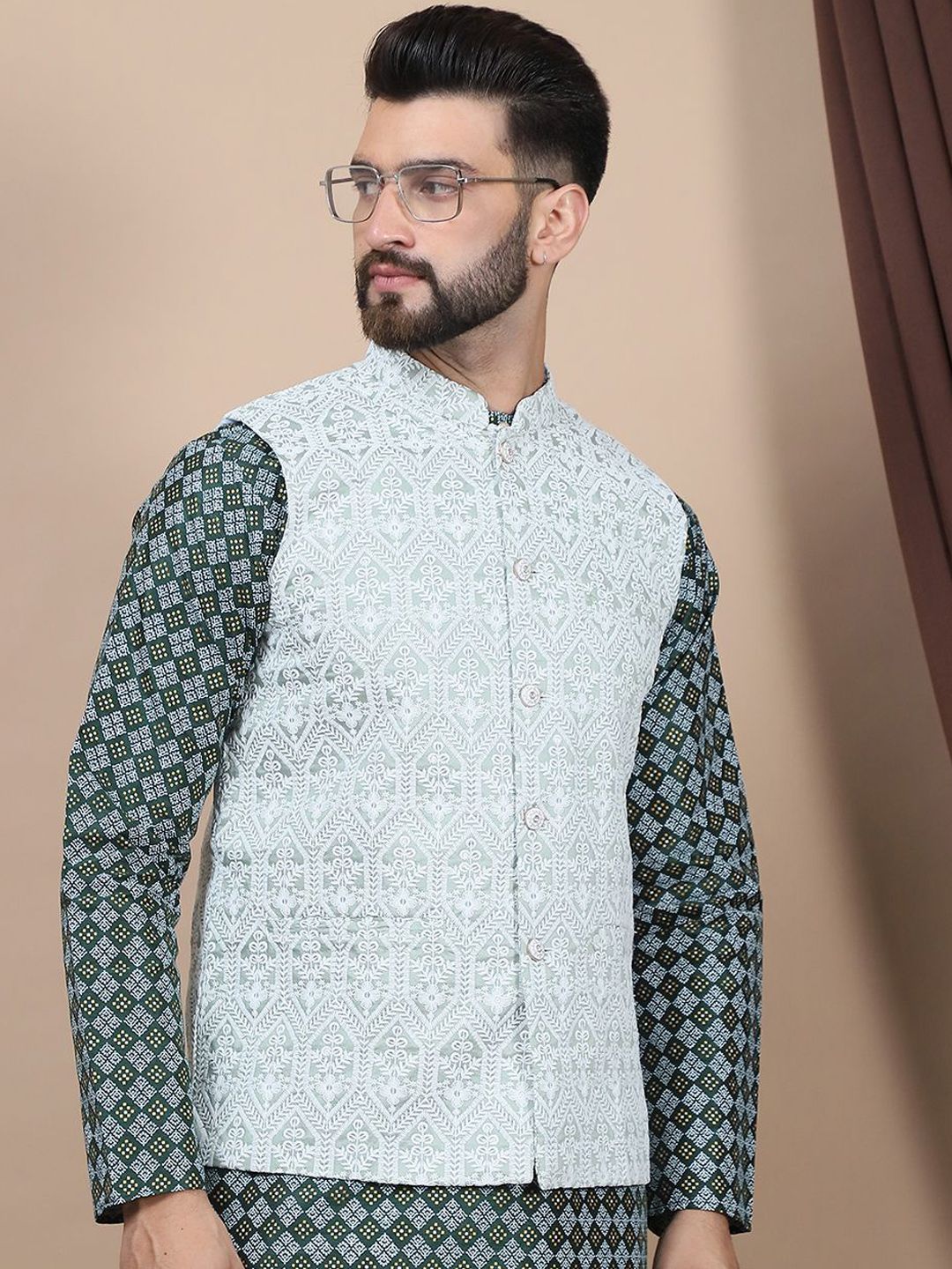Motif Etnik Biru Anouk Bersulam Benang Lurus Bekerja Kurta Kapas Tulen dengan Churidar