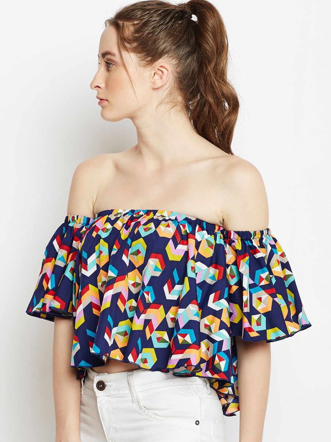 Berrylush Geometric Print Off-Shoulder Flared Sleeve Ruffles Bardot Crop Top