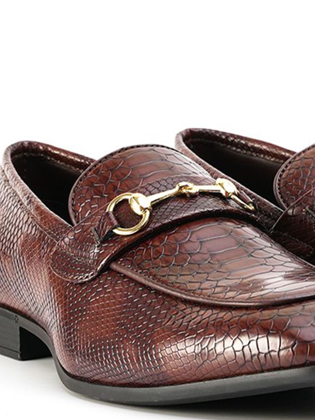 MONKSTORY Men Brown Horsebit Snake-Effect Textured Loafers