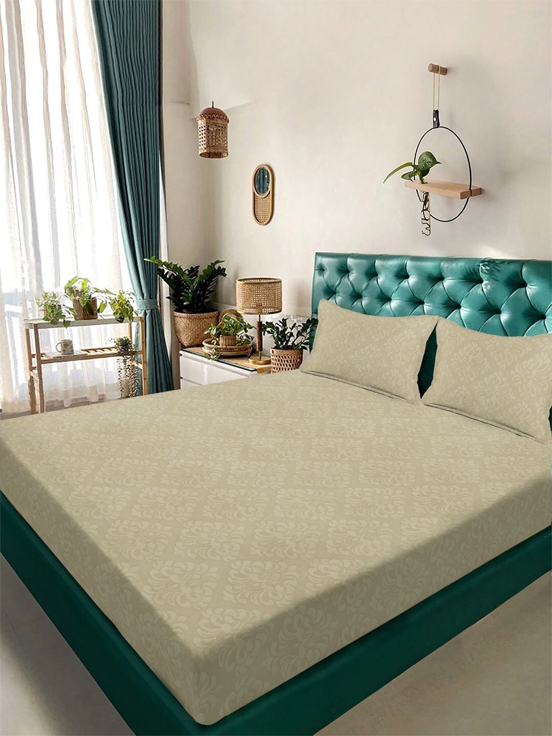 Myntra Elegant Homes Beige Floral 300 TC King Bedsheet with 2 Pillow Covers