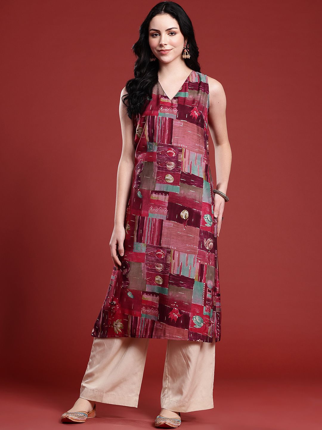 Anouk Printed V-Neck Straight Kurta