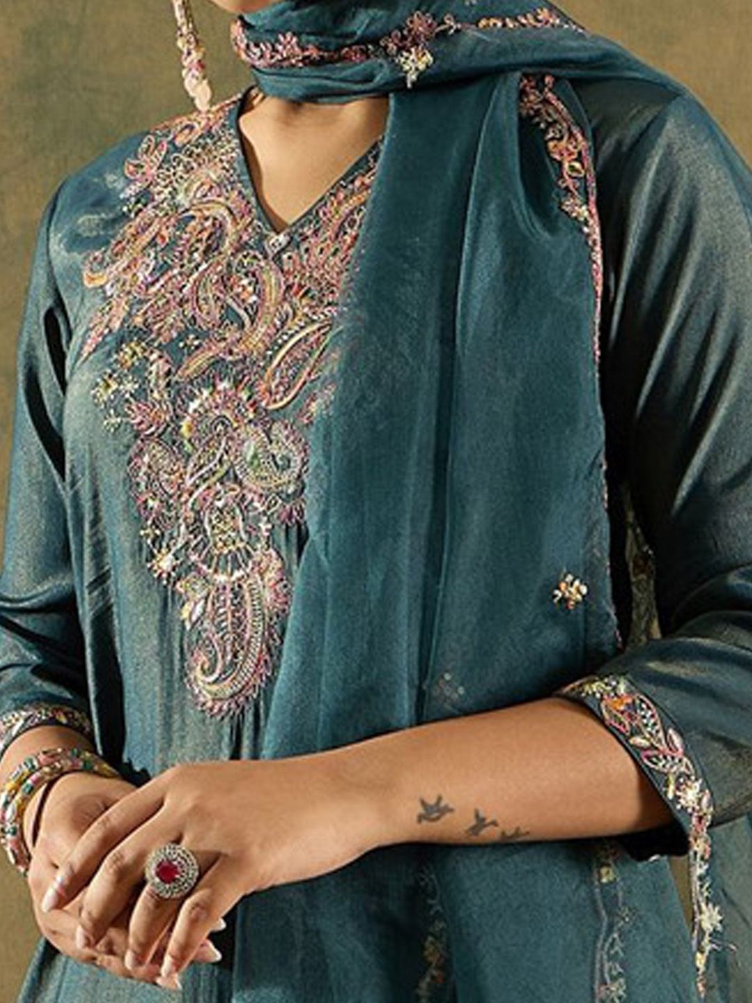Indo Era Ethnic Motifs Embroidered Liva Kurta With Trousers & Dupatta