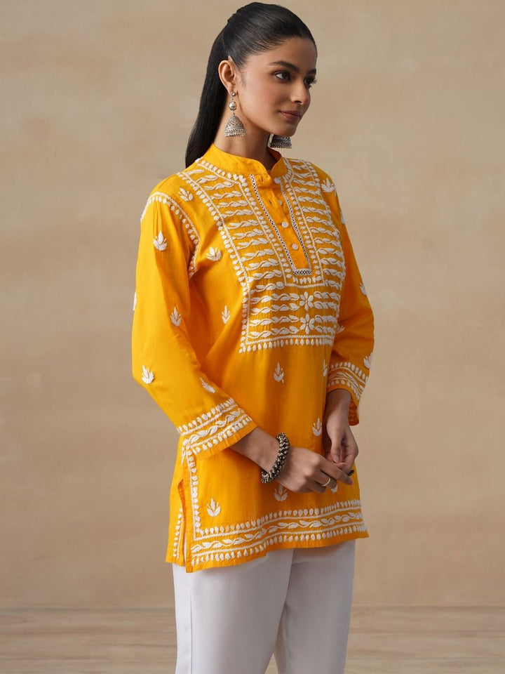 House of Chikankari Women Solid Mustard Embroidered Kurti