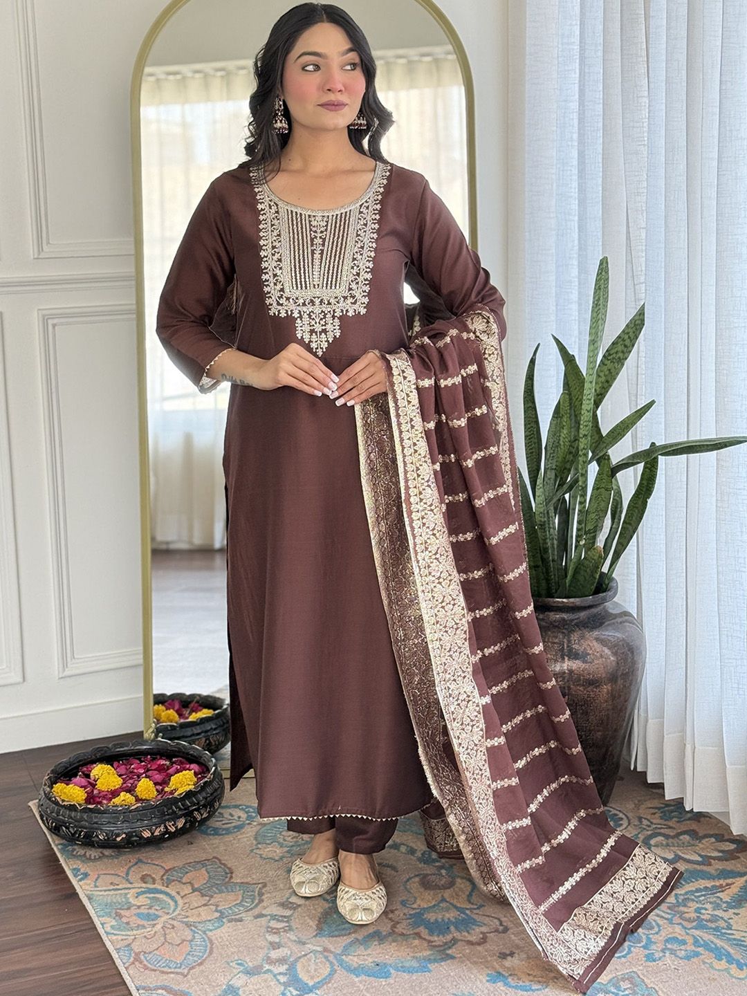KALINI Ethnic Motifs Yoke Design Pure Silk Straight Kurta With Trousers & Dupatta