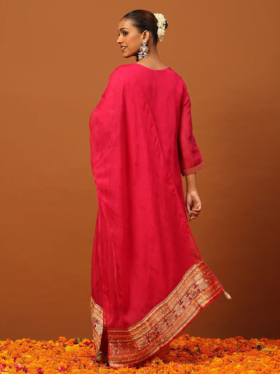 House of Chikankari Women Magenta Organza Hand Embellished Kurta Set