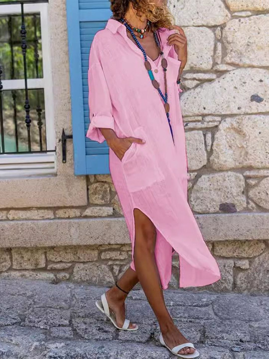 Semua Mengenai Anda Wanita Roll-Up Sleeves Slits Butiran Kapas Kemeja Midi Dress