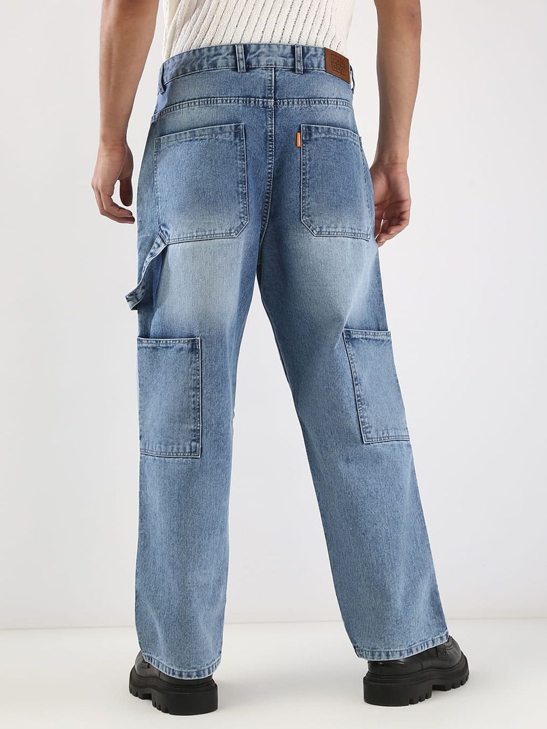 Urbano Fashion Men Light Blue Loose Baggy Fit Carpenter Cargo Jeans