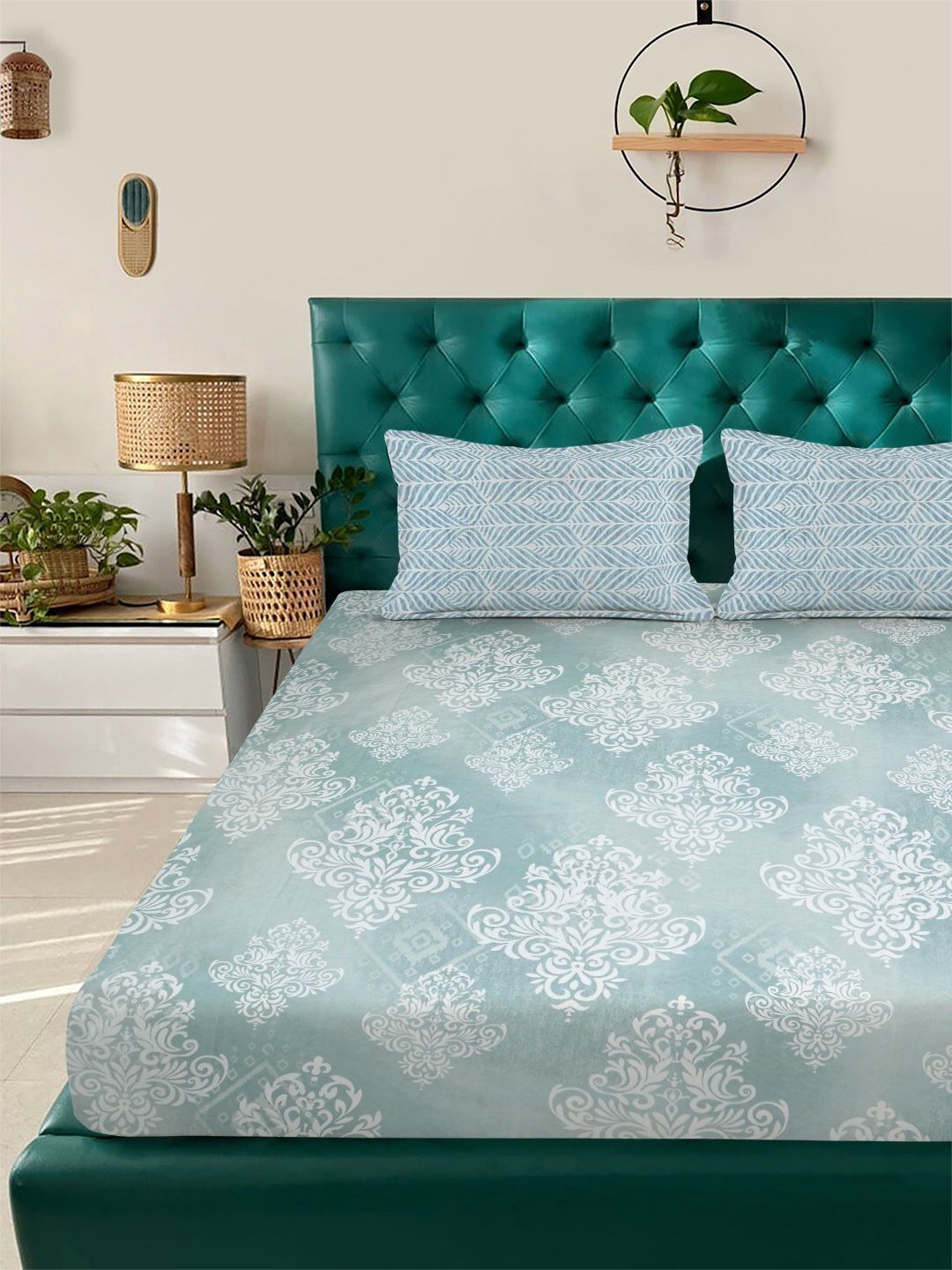 Myntra Elegant Homes Motif Etnik Hijau Dicetak Set Cadar King 300 TC 98" x 88"