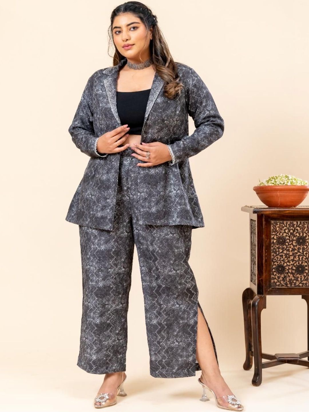Mamicha Printed Notched Lapel Collar Coat & Trousers Co-Ords Set