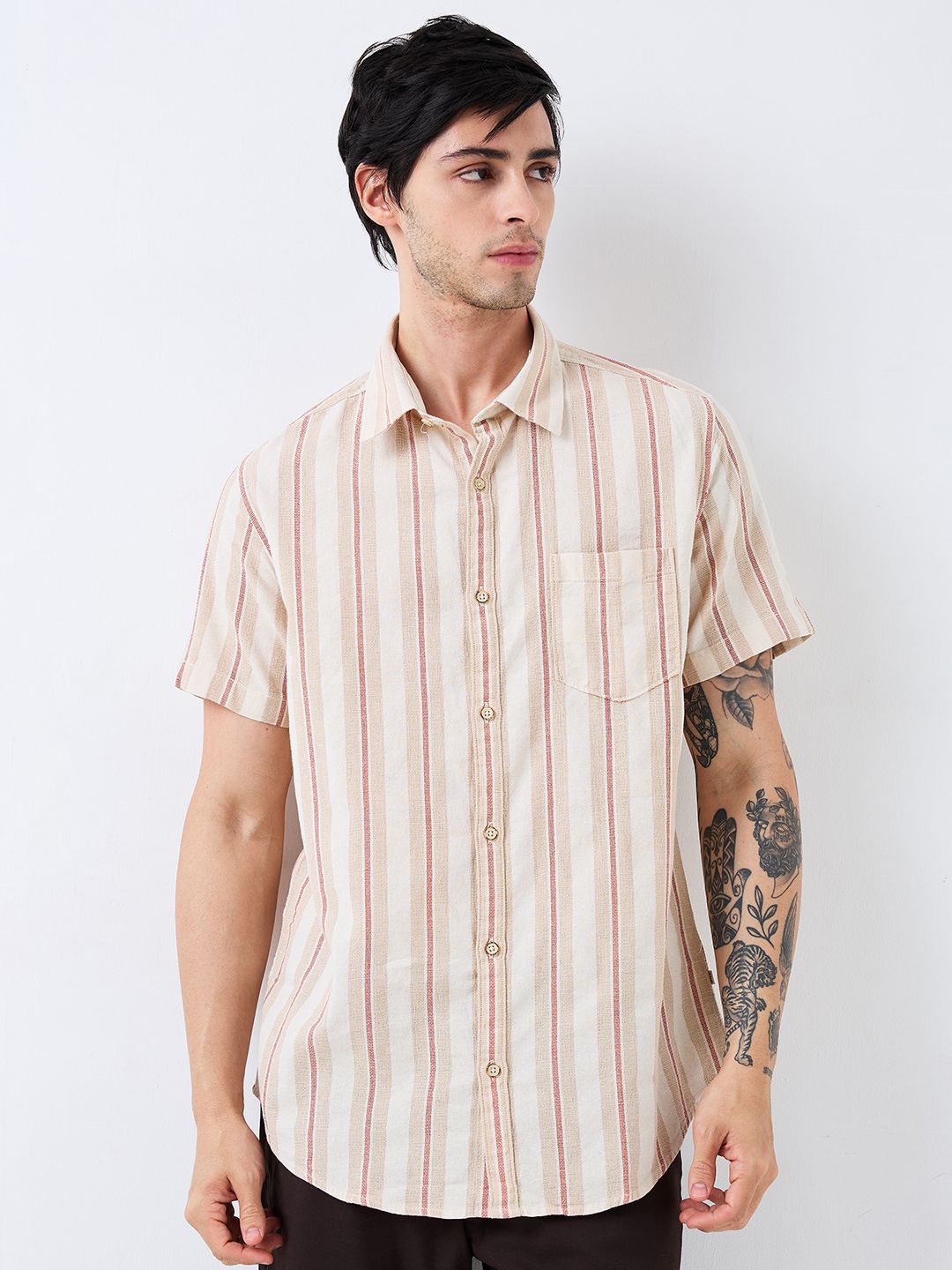 SPYKAR Men Spread Collar Vertical Striped Cotton Casual Shirt