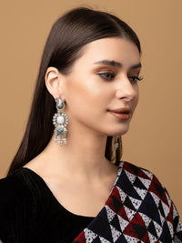 PANASH Silver-Plated Stones Studded And Beaded Contemporary Shaped Oxidised Drop Earrings