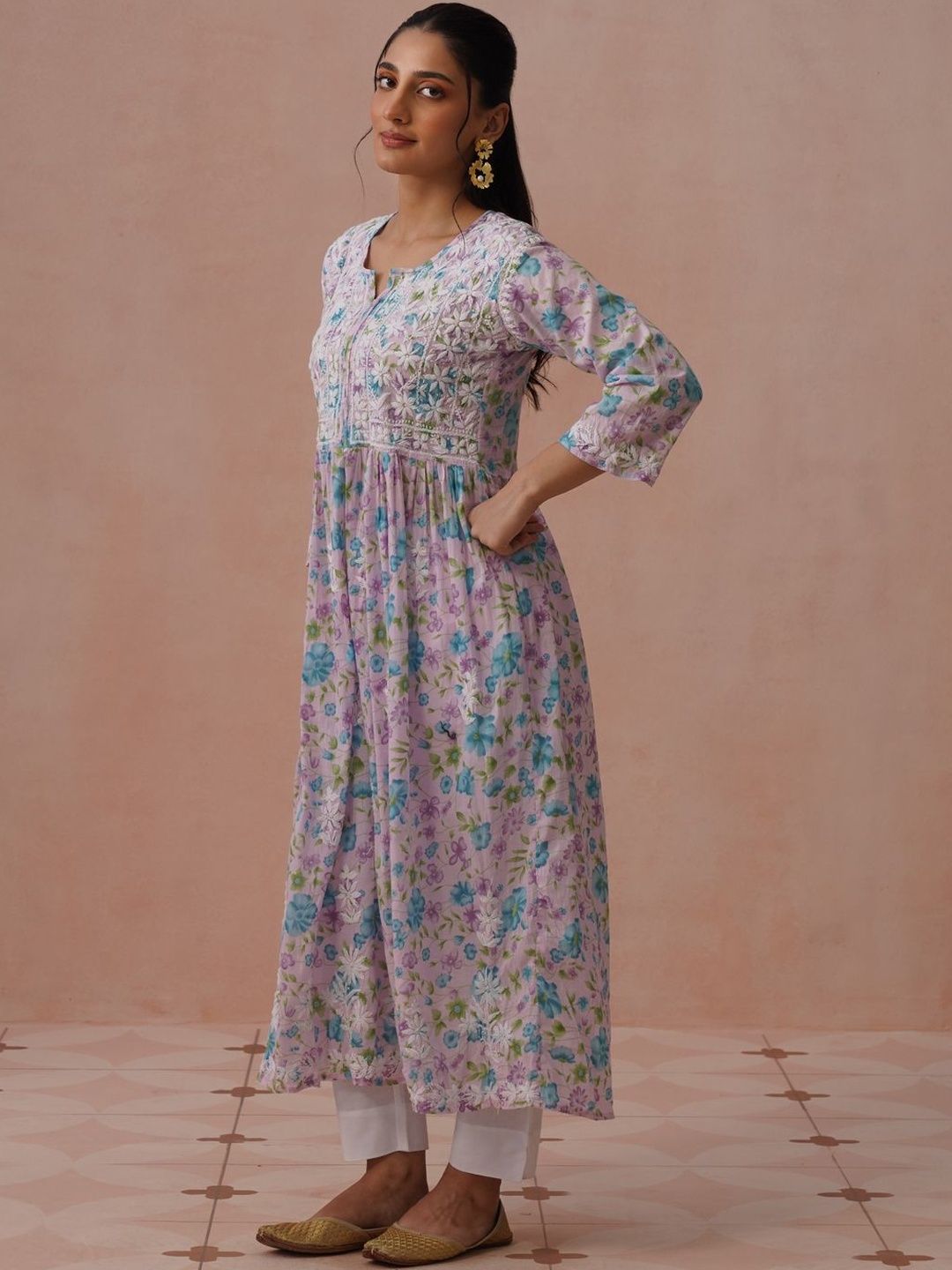 House of Chikankari Floral Print Bell Sleeve Maxi Dress