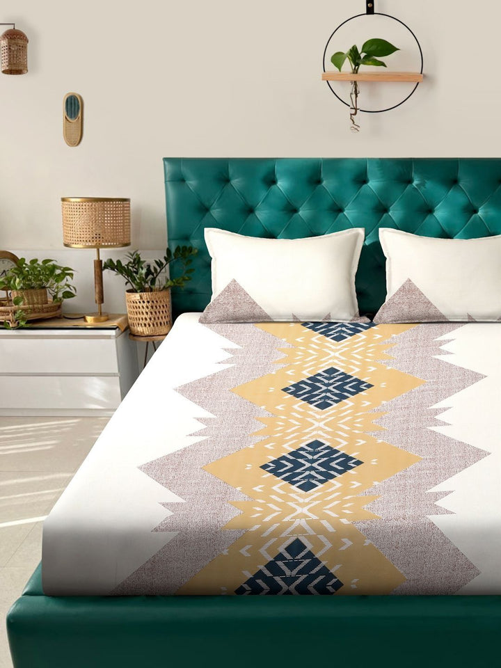 Myntra Elegant Homes White & Yellow Geometric 300 TC King Cadar dengan 2 Sarung Bantal