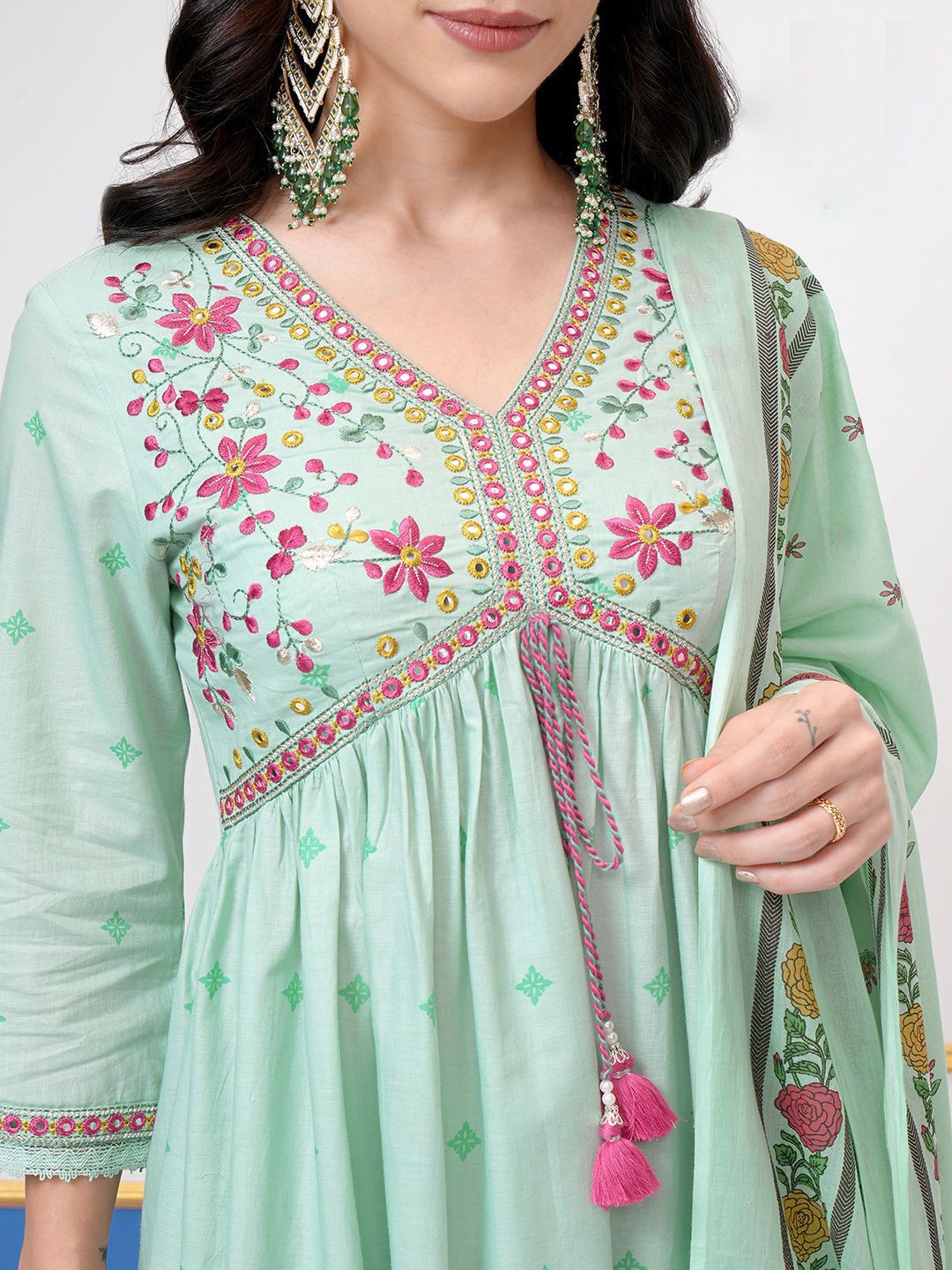 Vishudh Floral Printed Empire Thread Work Pure Cotton Kurta With Trouser With Dupatta